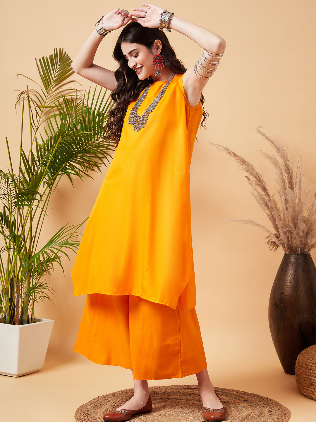 InWeave Women's Tangy Orange Short Kurta Palazzo Set