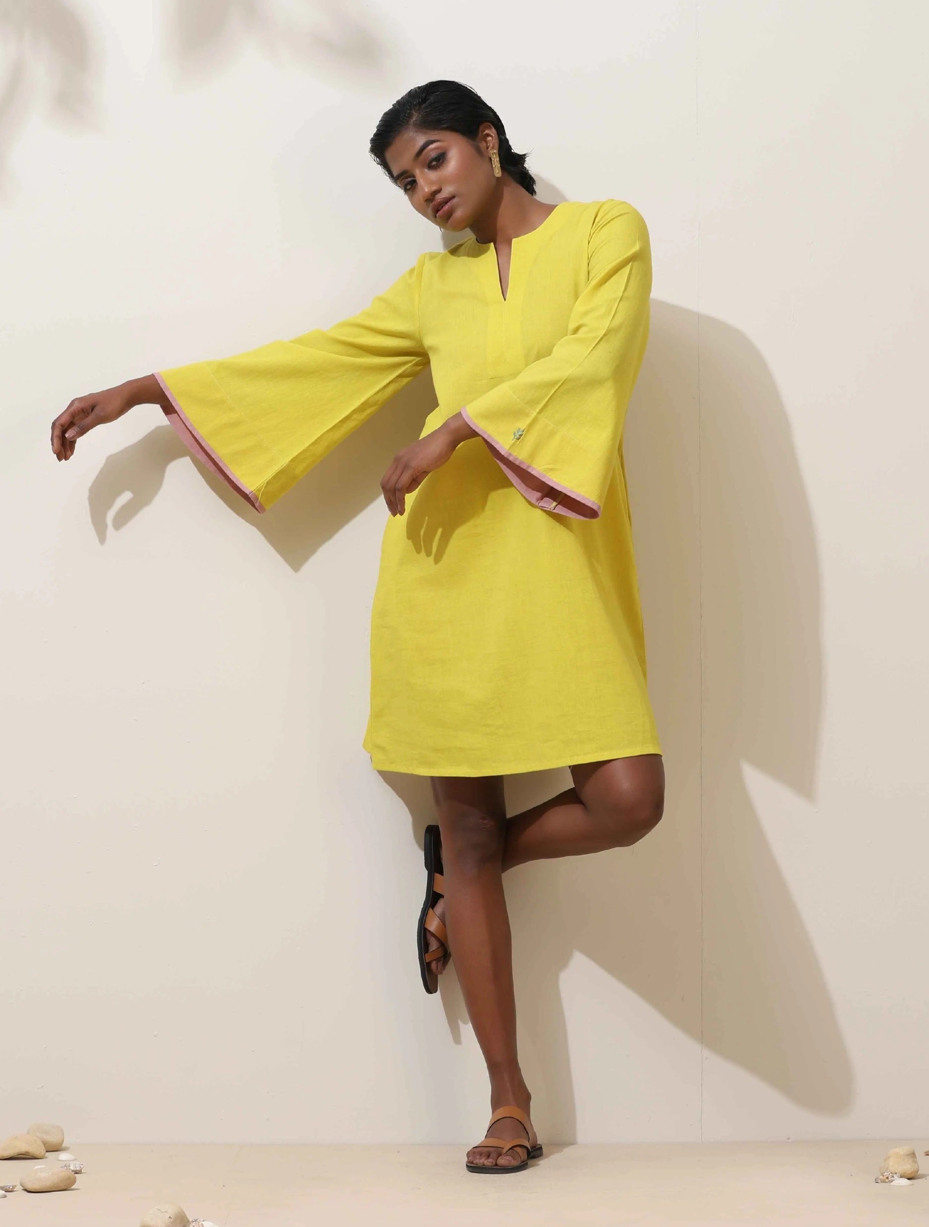 trueBrowns Lime Cotton Linen Dress - Distacart