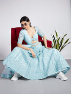 House of Panchhi Turquoise Blue Net Sequins, Zarkan And Thread Embroidery Lehenga Choli & Dupatta