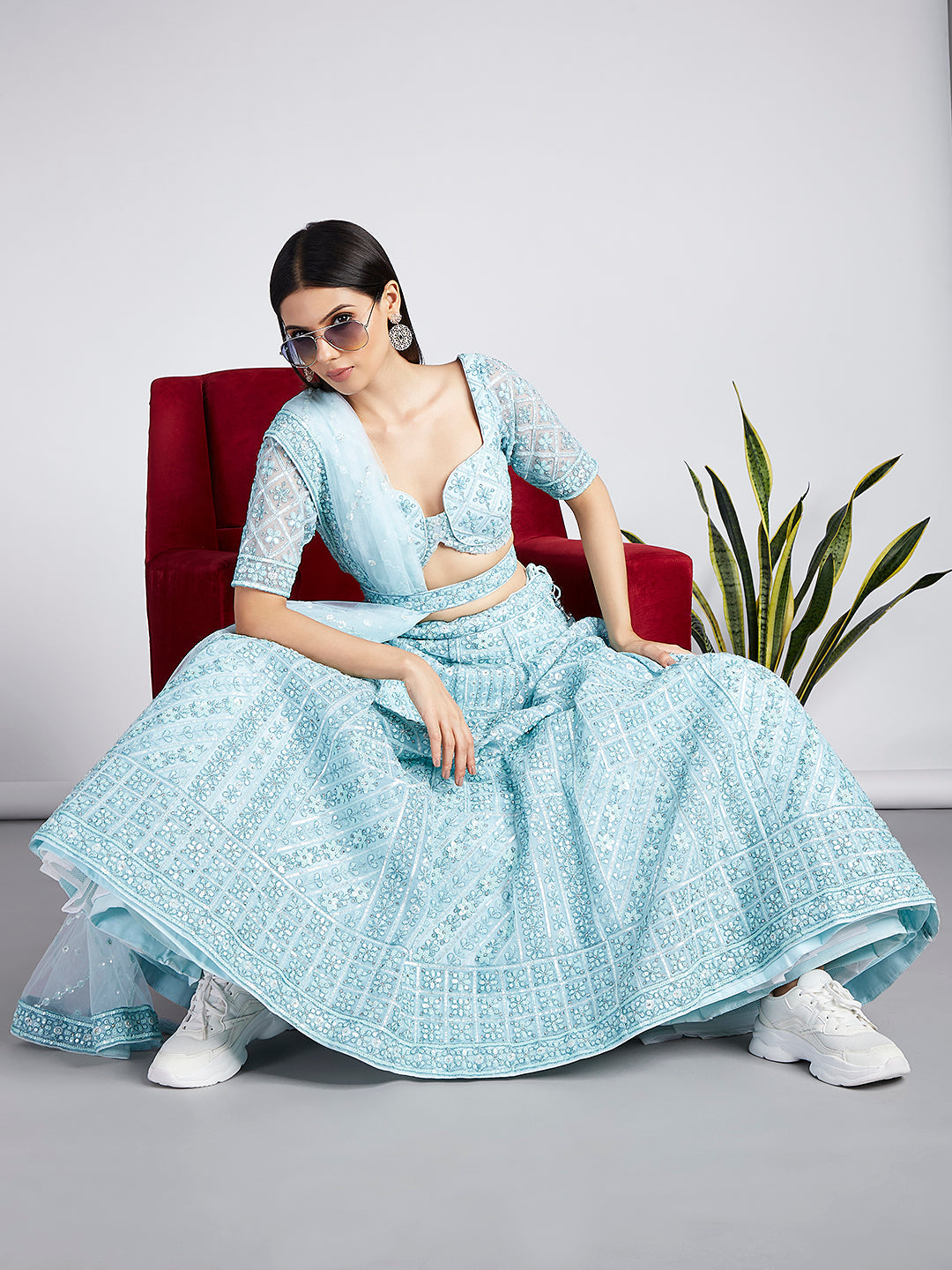 House of Panchhi Turquoise Blue Net Sequins, Zarkan And Thread Embroidery Lehenga Choli & Dupatta