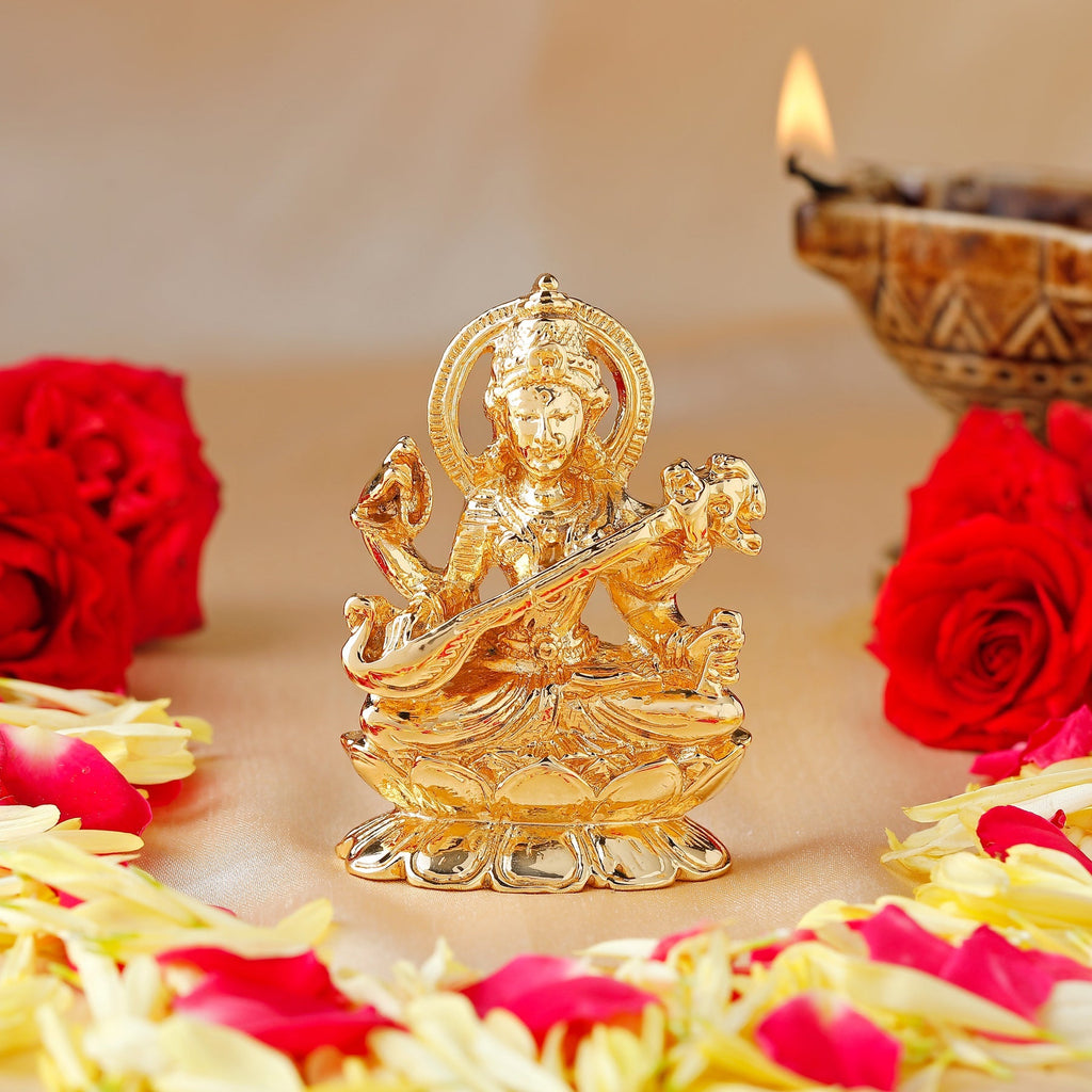 Estele Gold-Polished Goddess of Knowledge Sarasavti Ma Idol for Pooja & Car decor