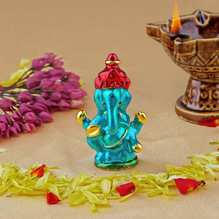 Estele Gold-Polished God of beginnings Lord Ganesha Idol with multi-color Stone Type:Enamel for Gifts & HouseWarming/Home/Office Decors
