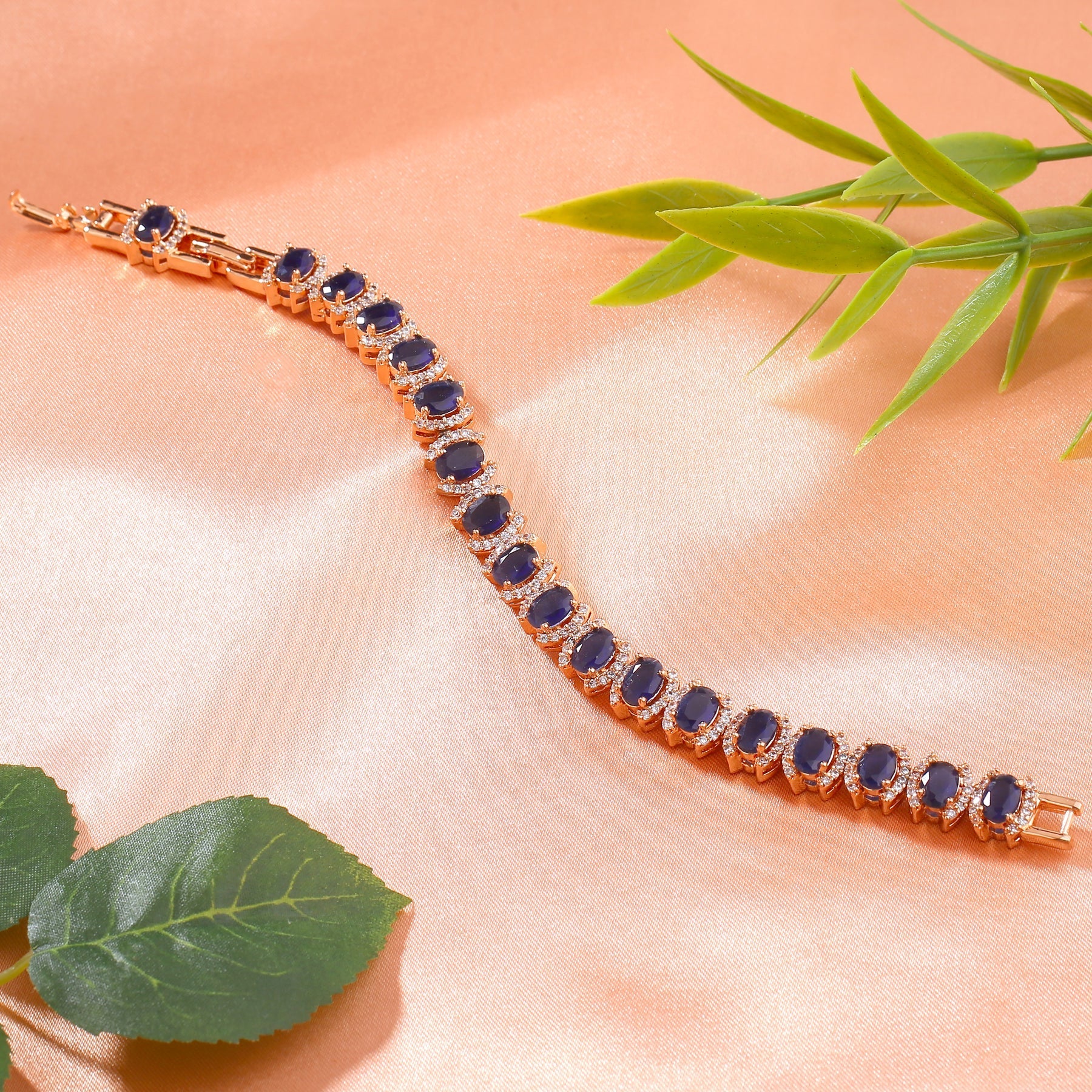 Estele Rose Gold-Polished CZ Ravishing Oval Designer Charm Bracelet with Blue American Diamonds for Women - Distacart
