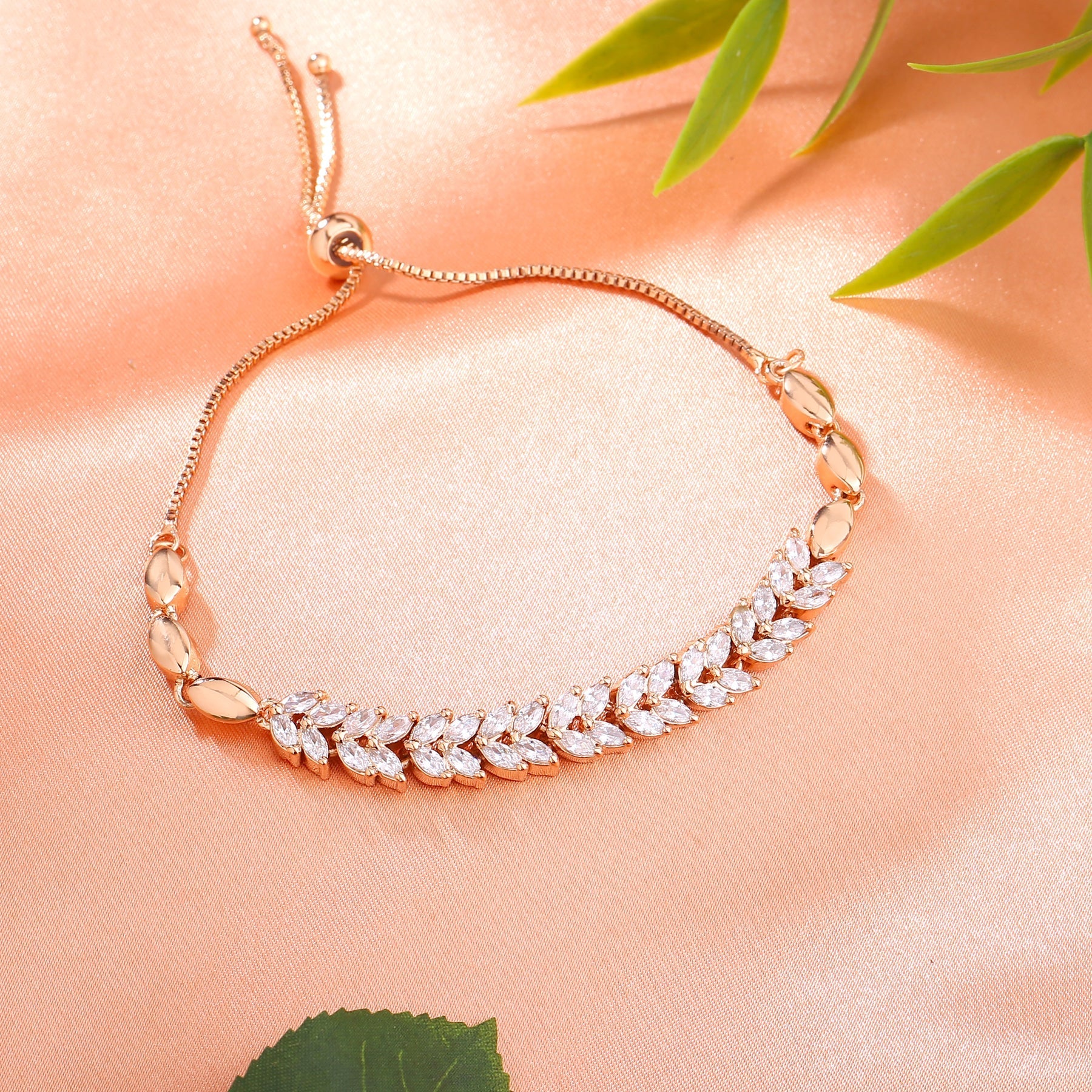 Estele Rose Gold-Polished CZ Leaf Designer Adjustable Charm Bracelet with White American Diamonds for Women - Distacart