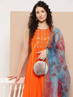 InWeave Women's Orange Mirror Work Aline Strappy Kurta Set Blue Fuchsia Or Dupatta