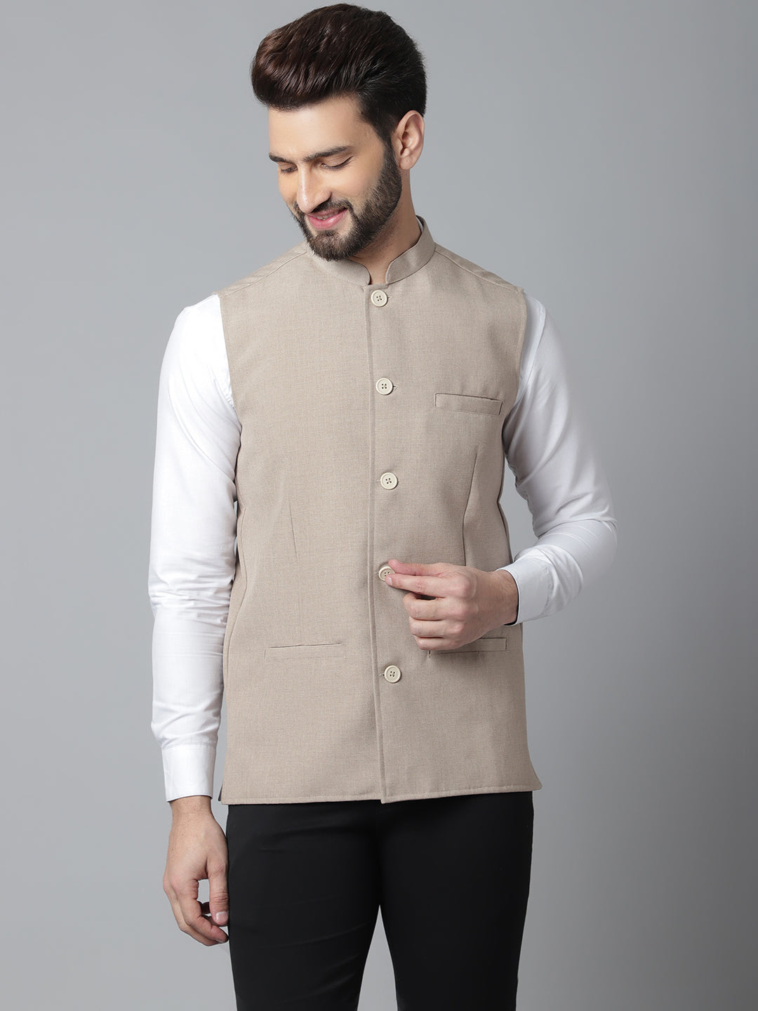 Even Apparels Men's Brown Nehru Jacket With Welt Pockets