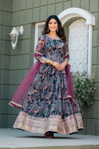 Anaita Grey Tabby Silk Stitched Anarkali Suit With Thread & Sequence Work - Distacart