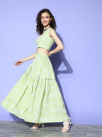 Ahalyaa Pure Cotton Green & White Printed Khari Print Ready to Wear Lehenga & Blouse With Dupatta