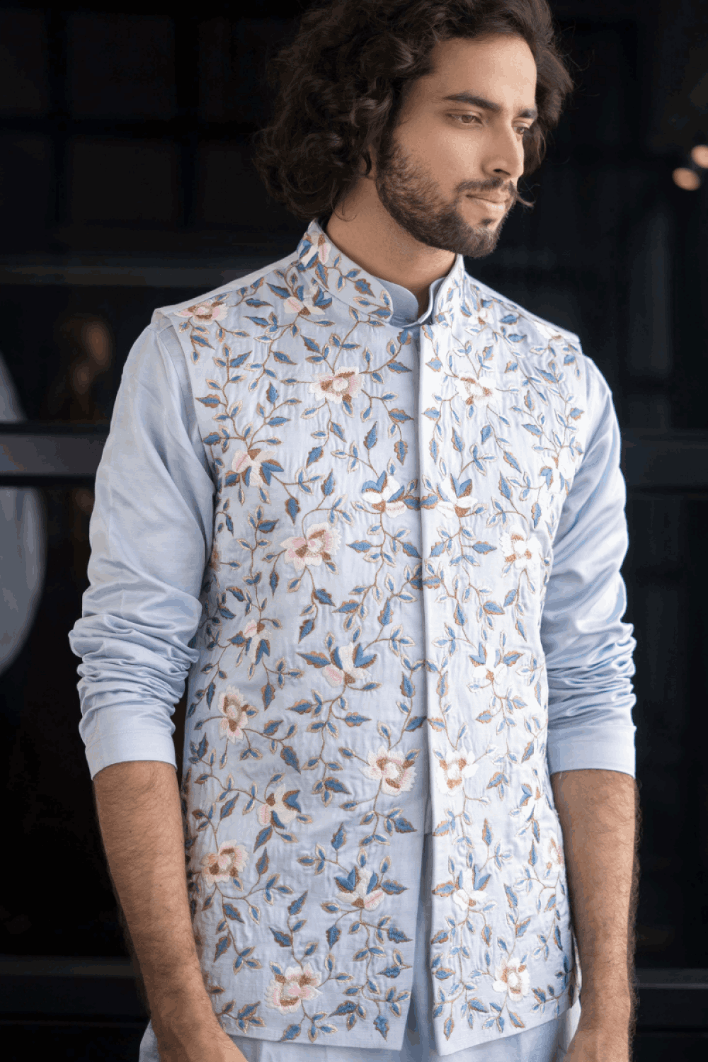 Powder Blue Designer Men's Nehru Jacket by Hilo Design