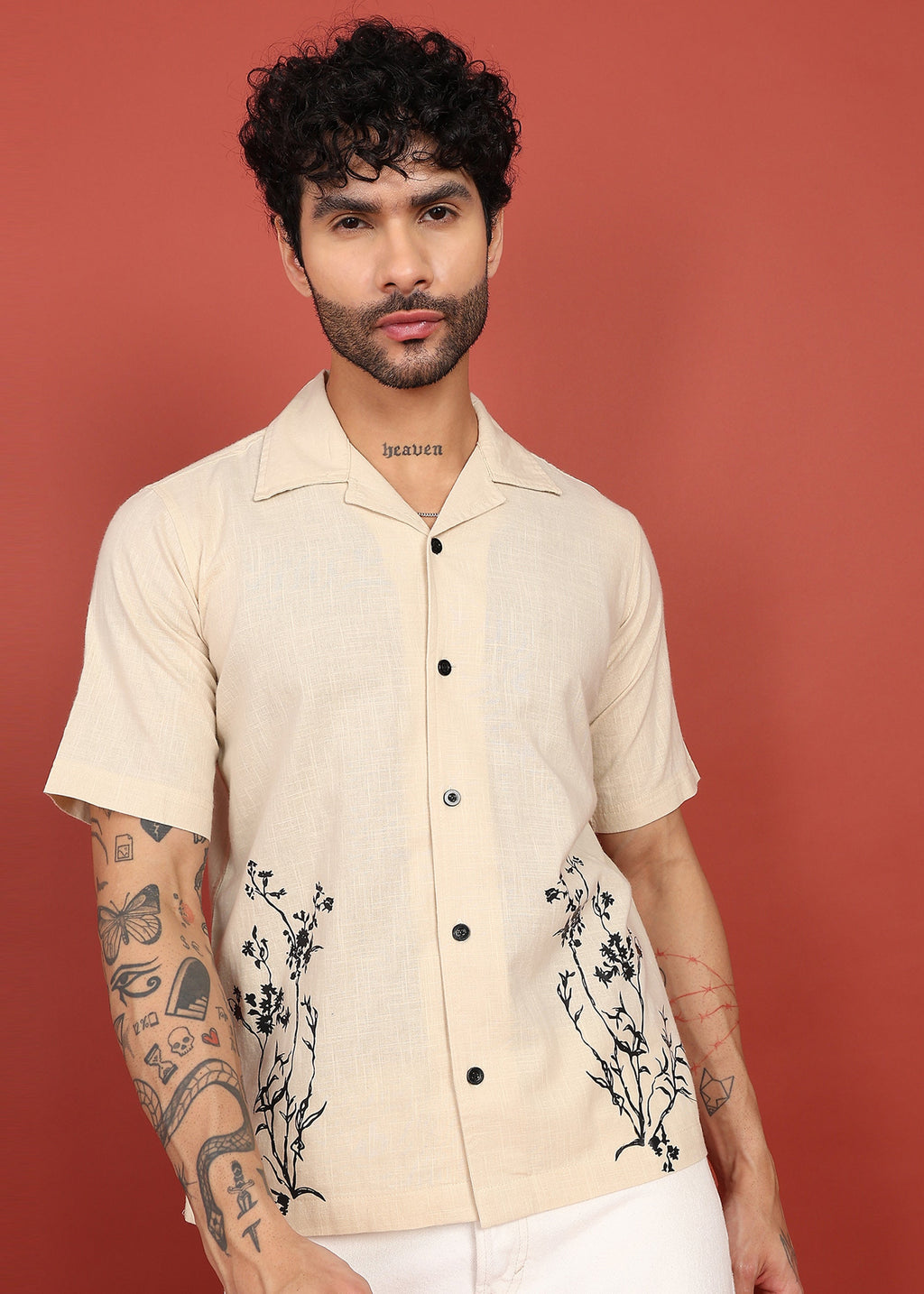 Fabmade Beige Bloom Embroidered Resort Shirt
