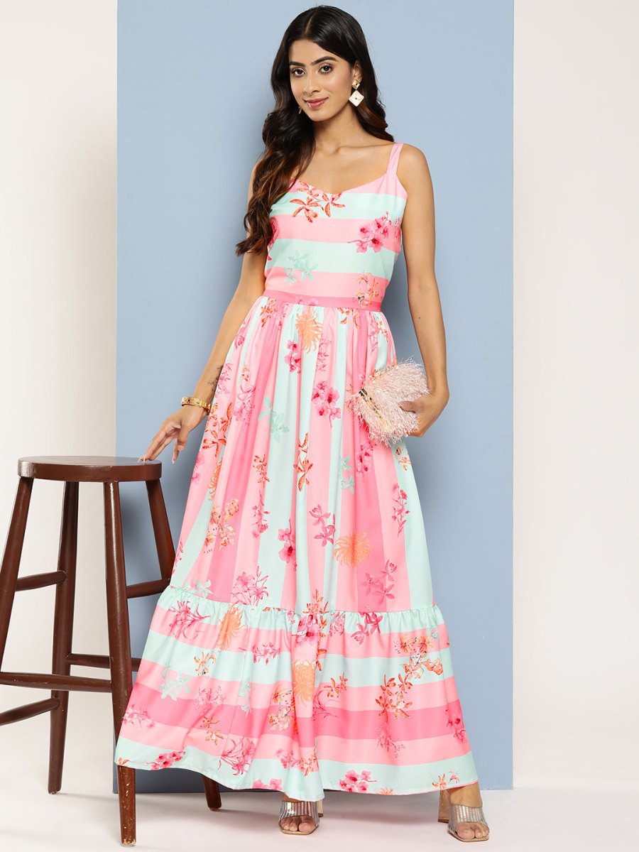 Ahalyaa Striped Floral Print Crepe Maxi Ethnic Dress - Distacart