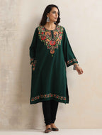 trueBrowns Green Kashmiri Embroidered Woollen Phiran Kurta - Distacart