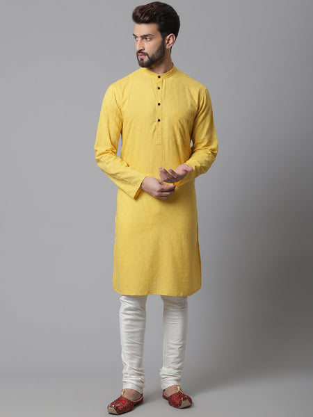 Even Apparels Yellow Pure Cotton Kurta With Band Collar