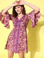 InWeave Women's Fuchsia Floral Prnited Bell Sleeve Short Dress - Distacart