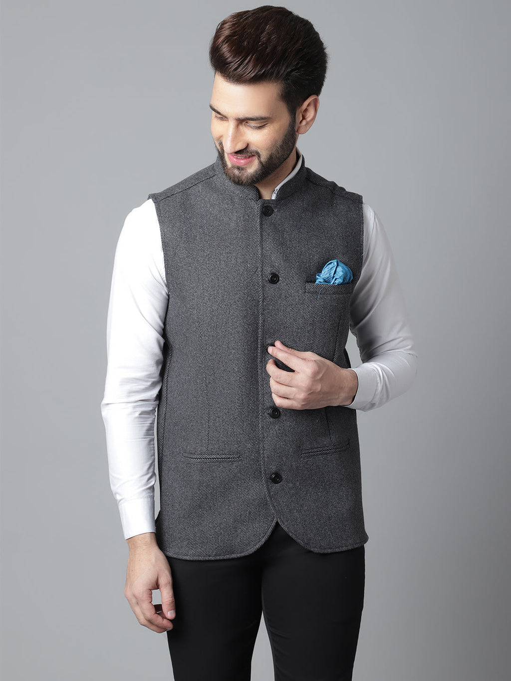 Even Apparels Men's Grey Pure Wool Nehru Jacket
