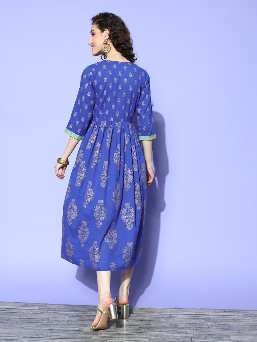Ahalyaa Blue Floral Print Midi Empire Ethnic Dress - Distacart