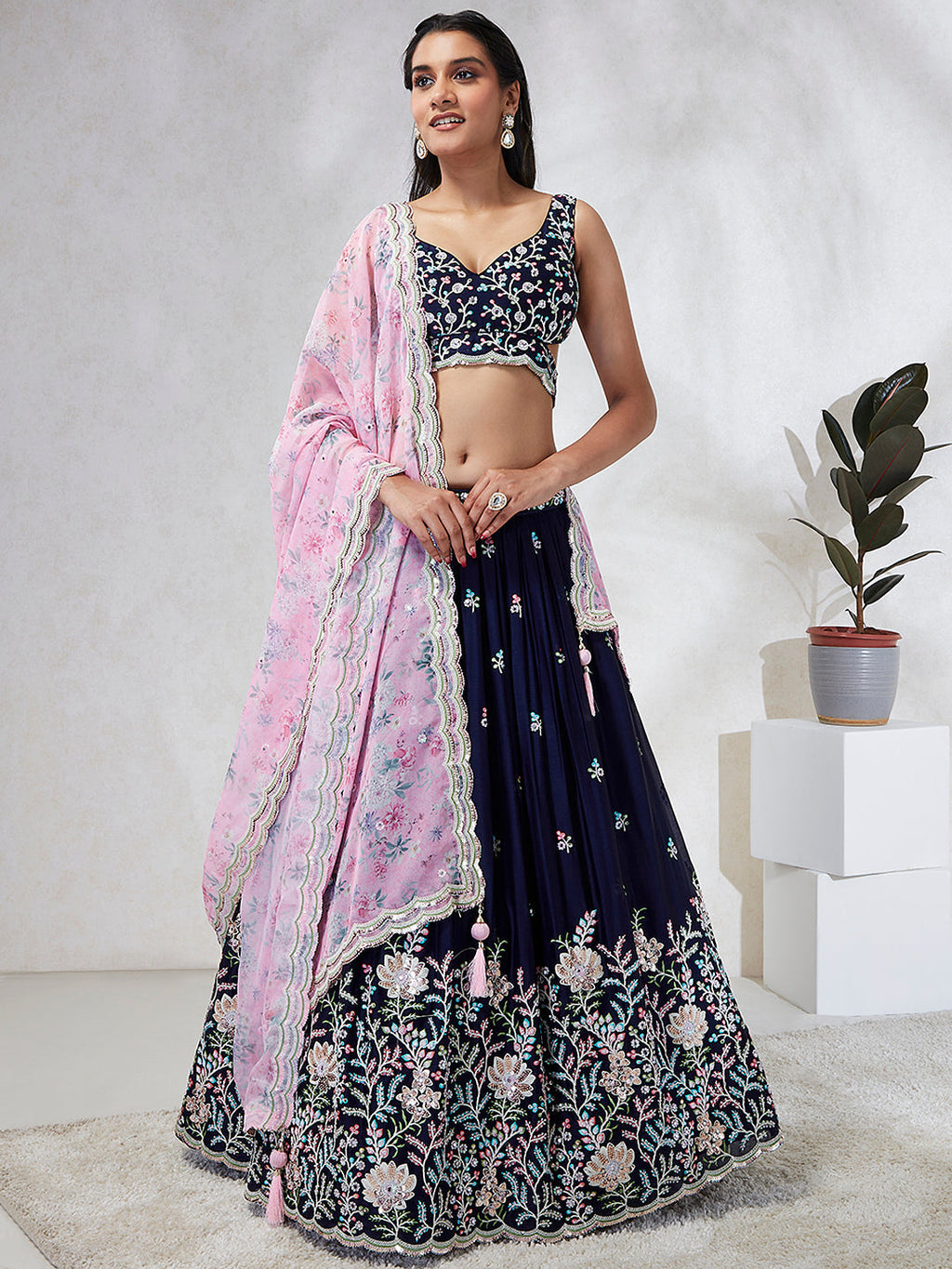 House of Panchhi Navy Blue Georgette Sequins, Mirror And Thread Embroidery Lehenga Choli & Dupatta