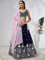 House of Panchhi Navy Blue Georgette Sequins, Mirror And Thread Embroidery Lehenga Choli & Dupatta