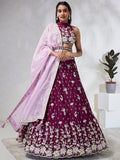 House of Panchhi Burgundy Pure Georgette Sequins And Thread Embroidery Lehenga Choli & Dupatta