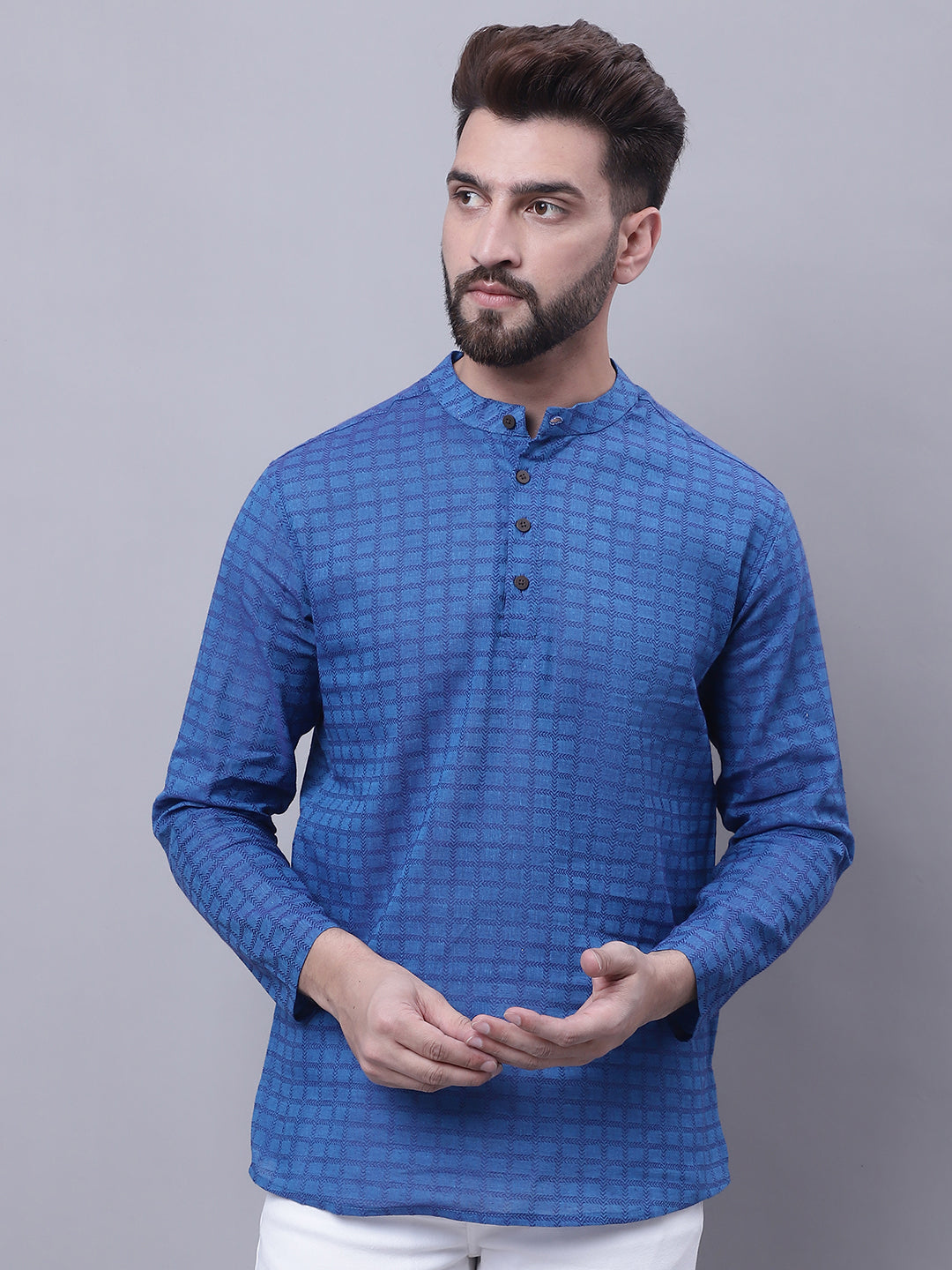 Even Apparels Blue Pure Cotton Short Kurta With Band Collar - Distacart