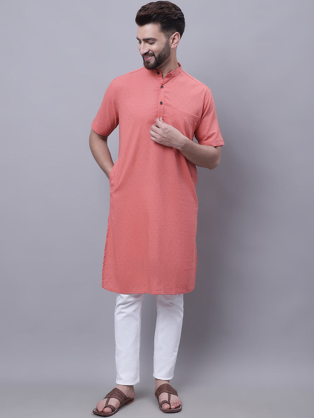 Even Apparels Peach Pure Cotton Short Sleeves Kurta With Band Collar - Distacart
