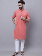 Even Apparels Peach Pure Cotton Short Sleeves Kurta With Band Collar - Distacart