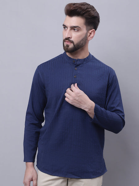 Even Apparels Blue Pure Cotton Short Kurta With Band Collar