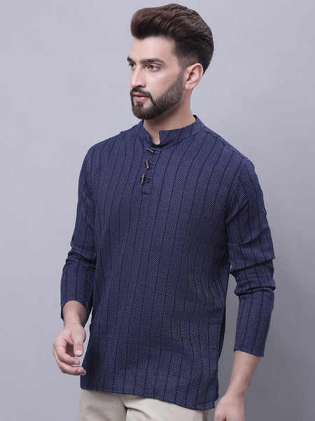 Indian Clothing Even Apparels Blue Pure Cotton Short Kurta With Band Collar