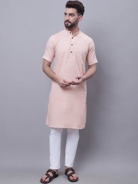 Even Apparels Peach Pure Cotton Short Sleeves Kurta With Band Collar