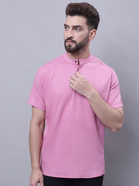 Even Apparels Pink Pure Cotton Short Kurta With Band Collar