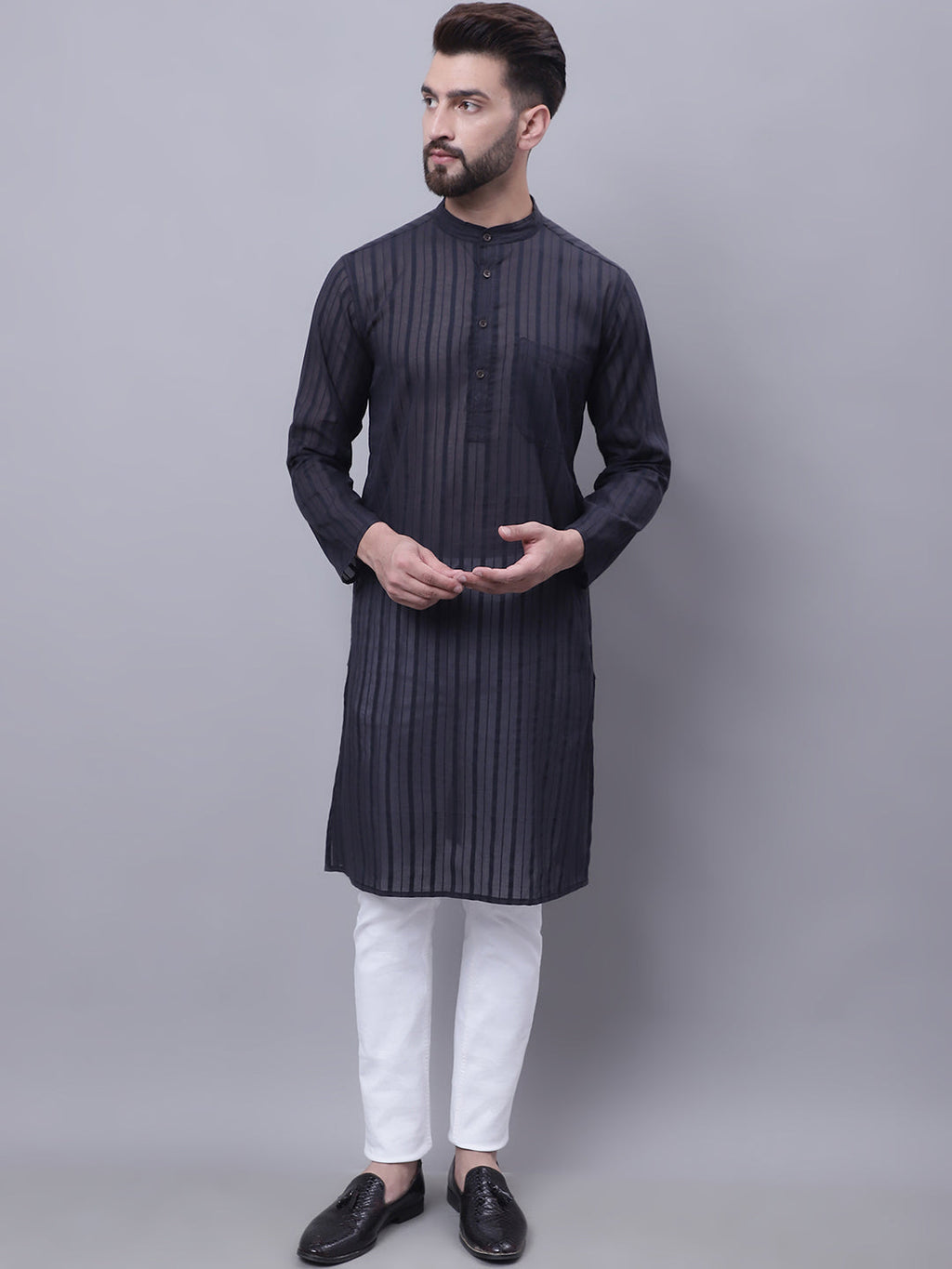 Even Apparels Black Pure Cotton Kurta With Band Collar