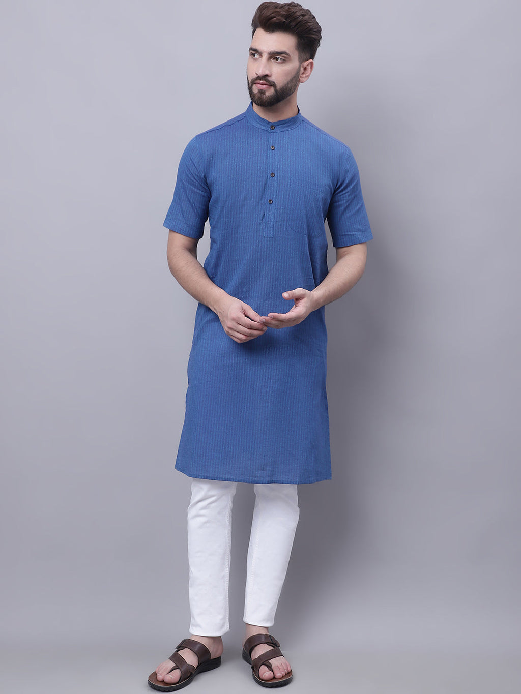 Even Apparels Blue Pure Cotton Short Sleeves Kurta With Band Collar - Distacart