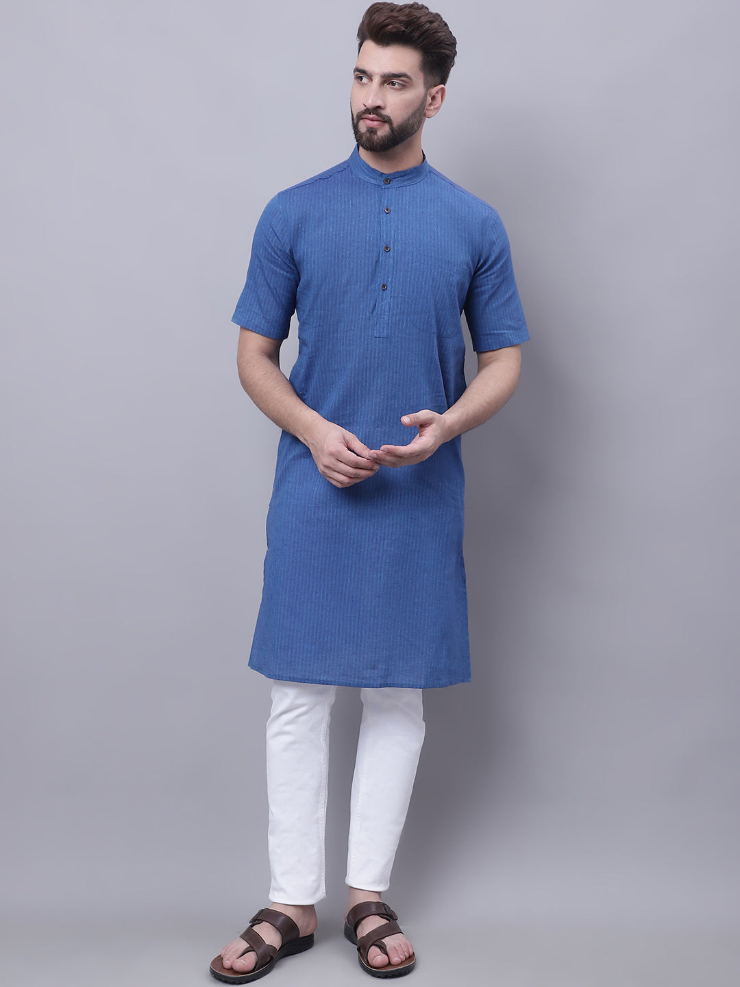 Even Apparels Blue Pure Cotton Short Sleeves Kurta With Band Collar - Distacart