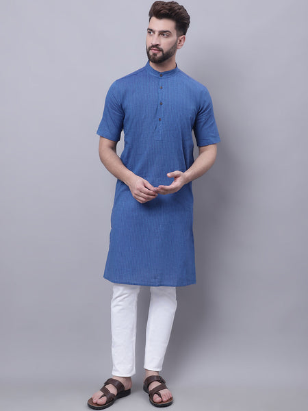 Even Apparels Blue Pure Cotton Short Sleeves Kurta With Band Collar