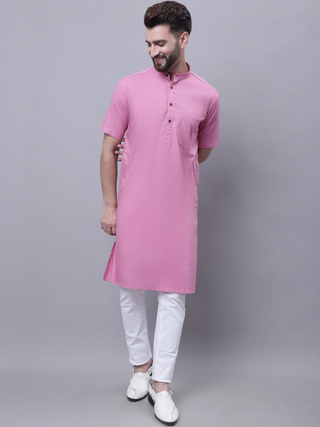 Even Apparels Pink Pure Cotton Short Sleeves Kurta With Band Collar
