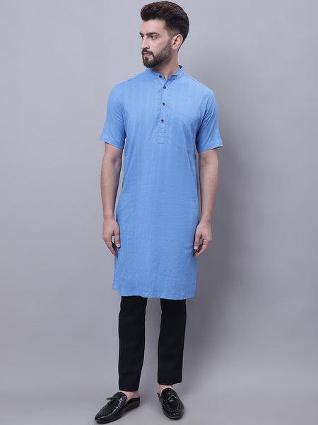 Even Apparels Blue Pure Cotton Short Sleeves Kurta With Band Collar