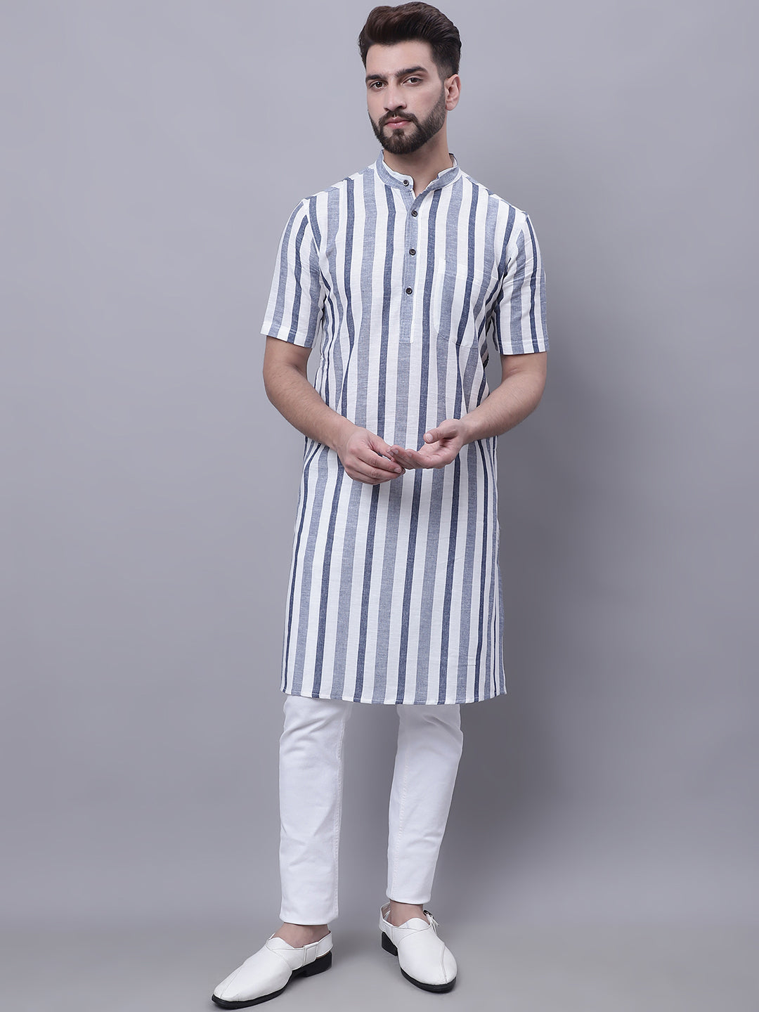 Even Apparels Grey Pure Cotton Short Sleeves Kurta With Band Collar - Distacart