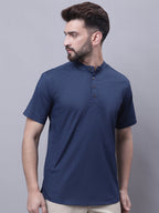 Even Apparels Blue Pure Cotton Short Kurta With Band Collar - Distacart
