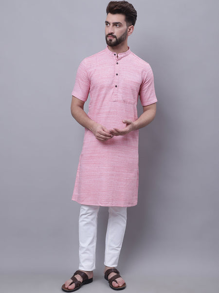 Even Apparels Pink Pure Cotton Short Sleeves Kurta With Band Collar