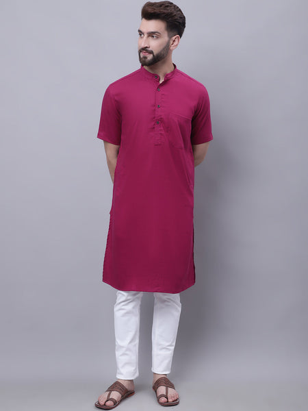 Even Apparels Maroon Pure Cotton Short Sleeves Kurta With Band Collar
