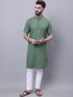 Even Apparels Green Pure Cotton Short Sleeves Kurta With Band Collar - Distacart