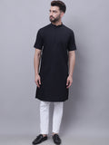 Even Apparels Black Pure Cotton Short Sleeves Kurta With Band Collar