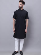 Even Apparels Black Pure Cotton Short Sleeves Kurta With Band Collar