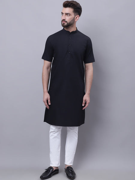 Even Apparels Black Pure Cotton Short Sleeves Kurta With Band Collar