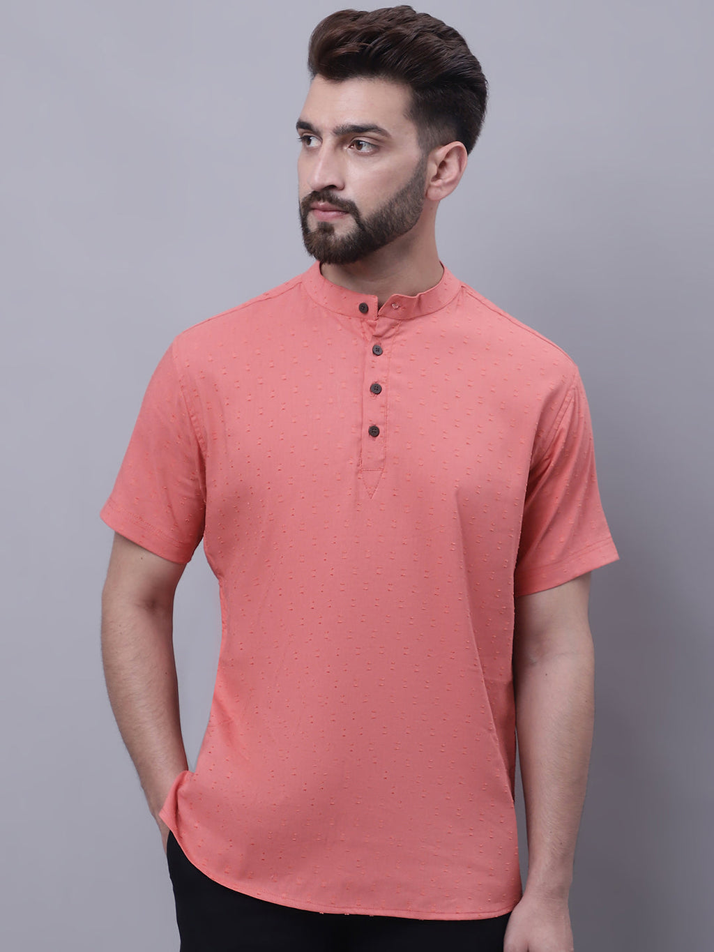 Even Apparels Peach Pure Cotton Short Sleeves Kurta With Band Collar - Distacart