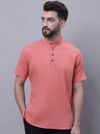 Even Apparels Peach Pure Cotton Short Sleeves Kurta With Band Collar - Distacart