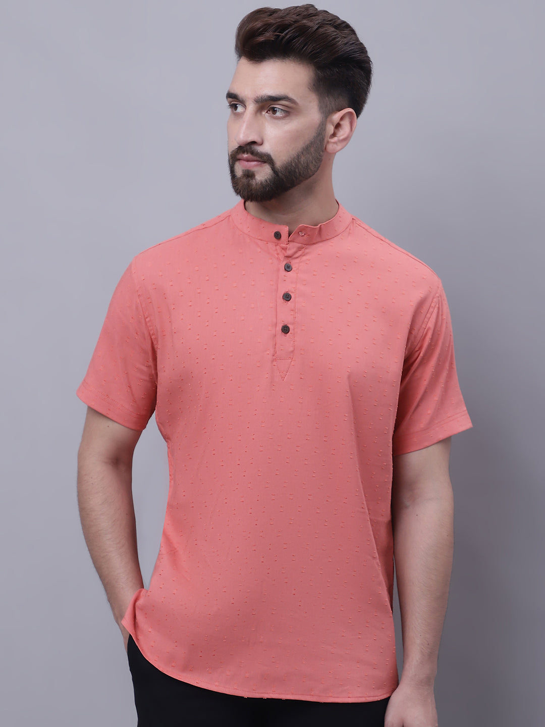 Even Apparels Peach Pure Cotton Short Sleeves Kurta With Band Collar - Distacart