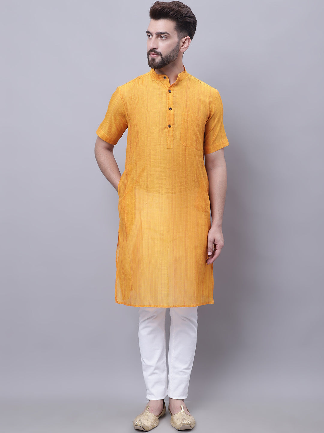 Even Apparels Yellow Pure Cotton Short Sleeves Kurta With Band Collar - Distacart