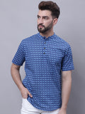 Even Apparels Blue Pure Cotton Short Kurta With Band Collar - Distacart