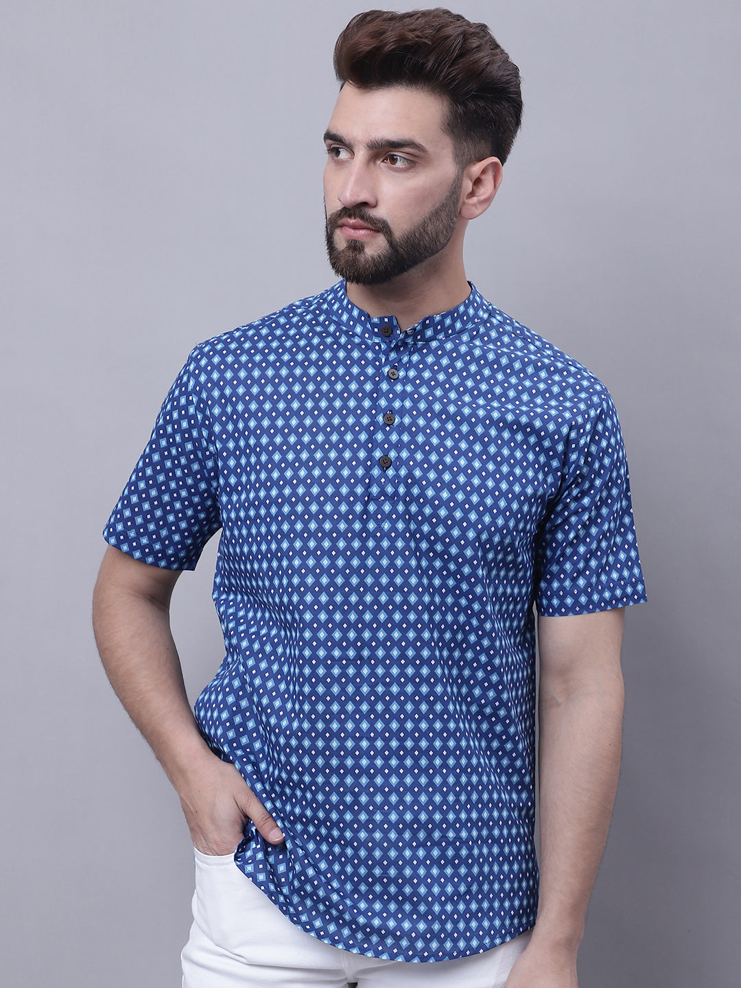 Even Apparels Blue Pure Cotton Short Kurta With Band Collar - Distacart